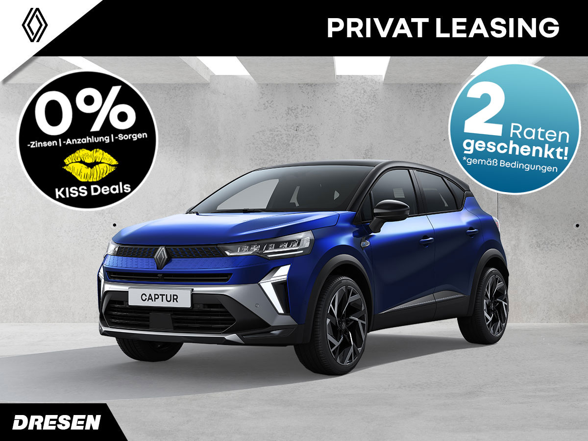 Renault Captur vor Betonwand. Vorschau Privatleasingangebot. Mit 2-Raten geschenkt & Kiss-Deals Störer.
