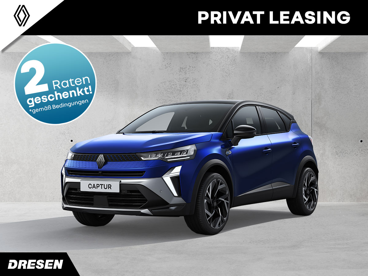 Renault Captur vor Betonwand. Vorschau Privatleasingangebot. Mit 2-Raten geschenkt Störer.