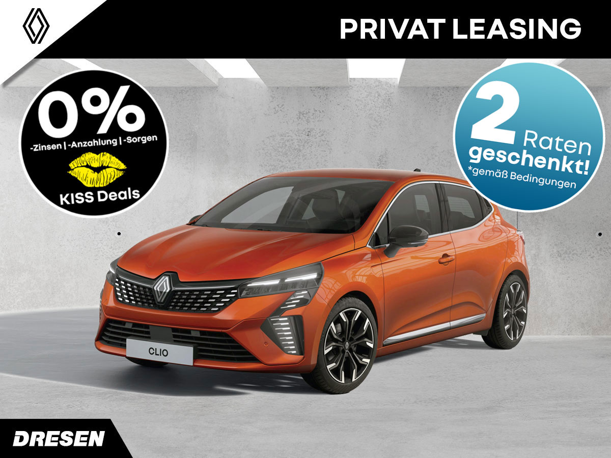 Renault Clio vor Betonwand. Vorschau Privatleasingangebot. Mit 2-Raten geschenkt & Kiss-Deals Störer.
