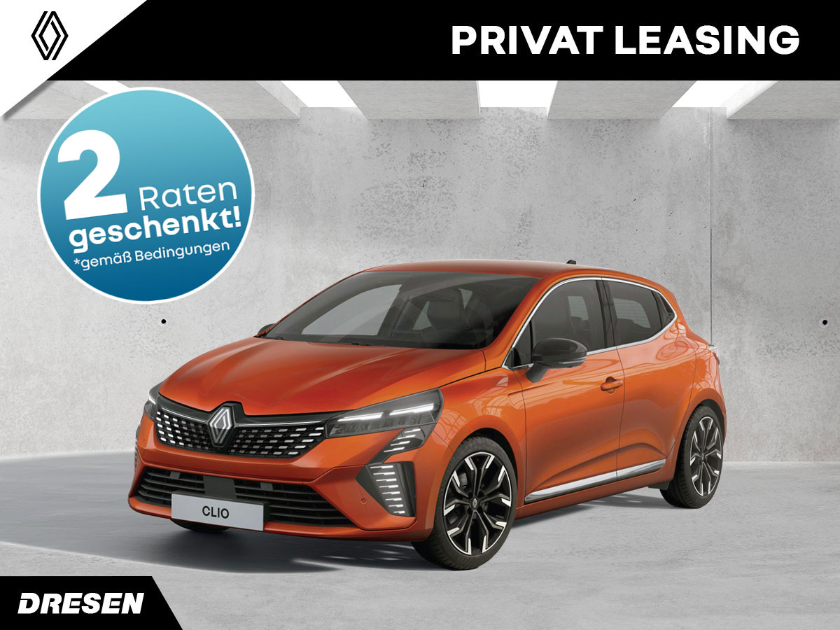Renault Clio vor Betonwand. Vorschau Privatleasingangebot. Mit 2-Raten geschenkt Störer.