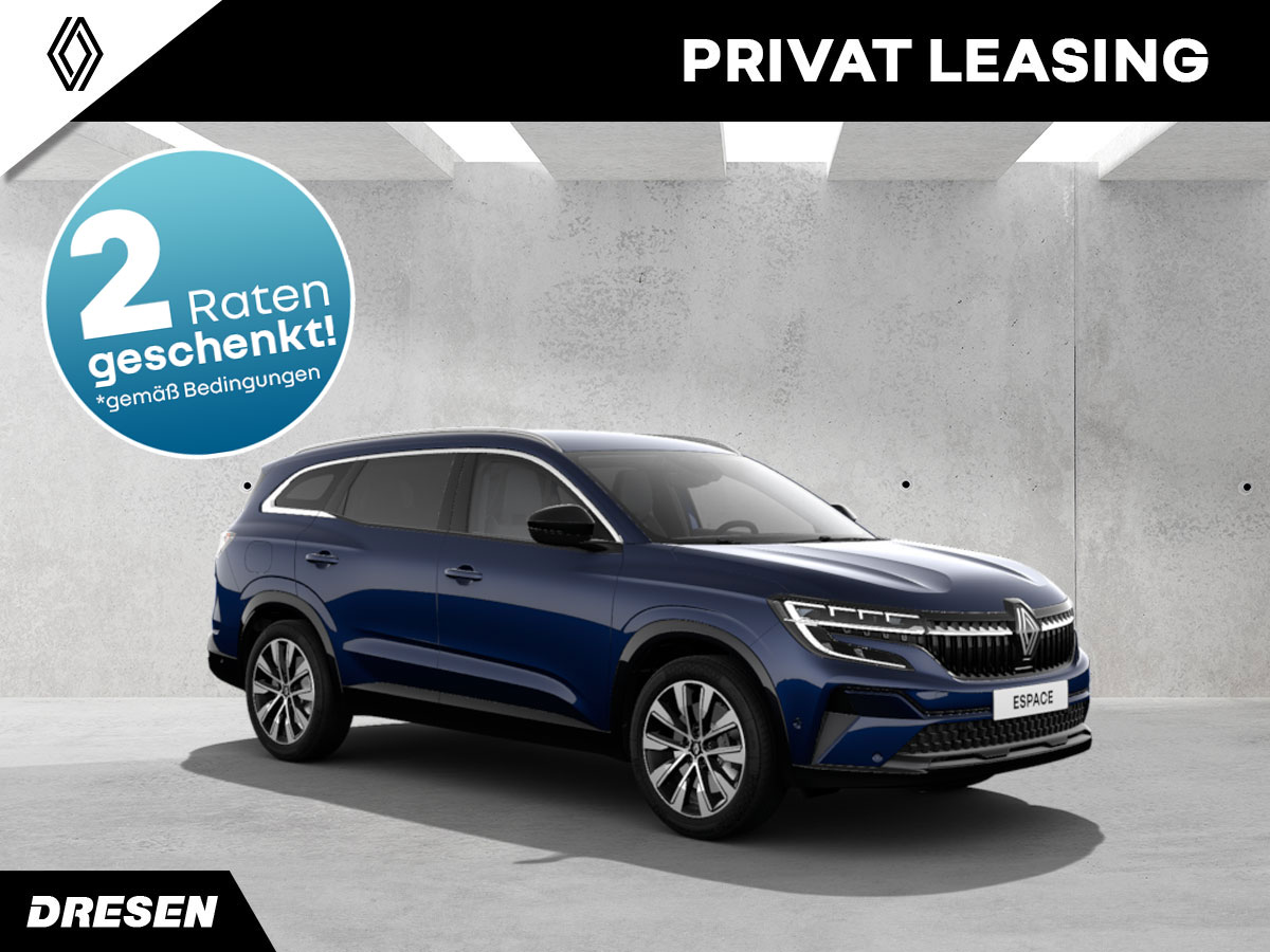 Renault Espace vor Betonwand. Vorschau Privatleasingangebot. Mit 2-Raten geschenkt Störer.
