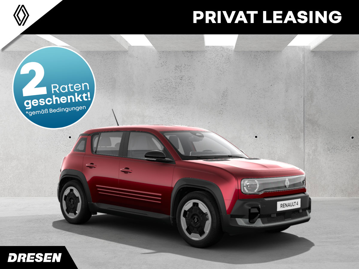 Renault 4 vor Betonwand. Vorschau Privatleasingangebot. Mit 2-Raten geschenkt Störer.