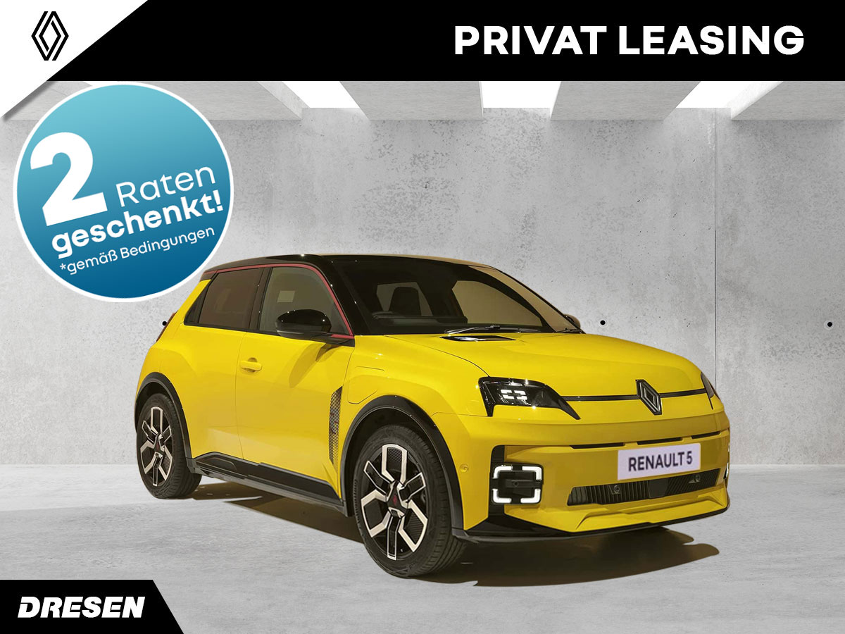 Renault 5 vor Betonwand. Vorschau Privatleasingangebot. Mit 2-Raten geschenkt Störer.