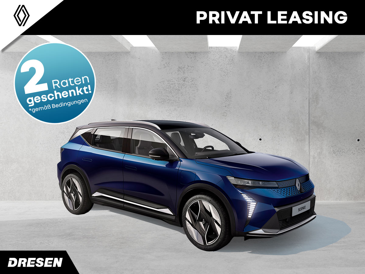 Renault Scenic vor Betonwand. Vorschau Privatleasingangebot. Mit 2-Raten geschenkt Störer.