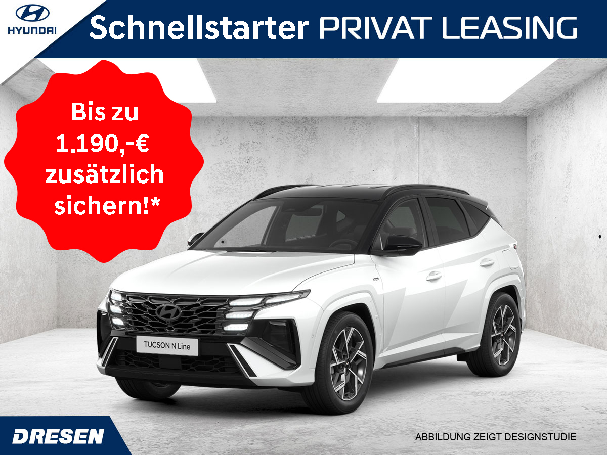 Weißer Tucson N-Line vor Betonwand und Störer Schnellstarter