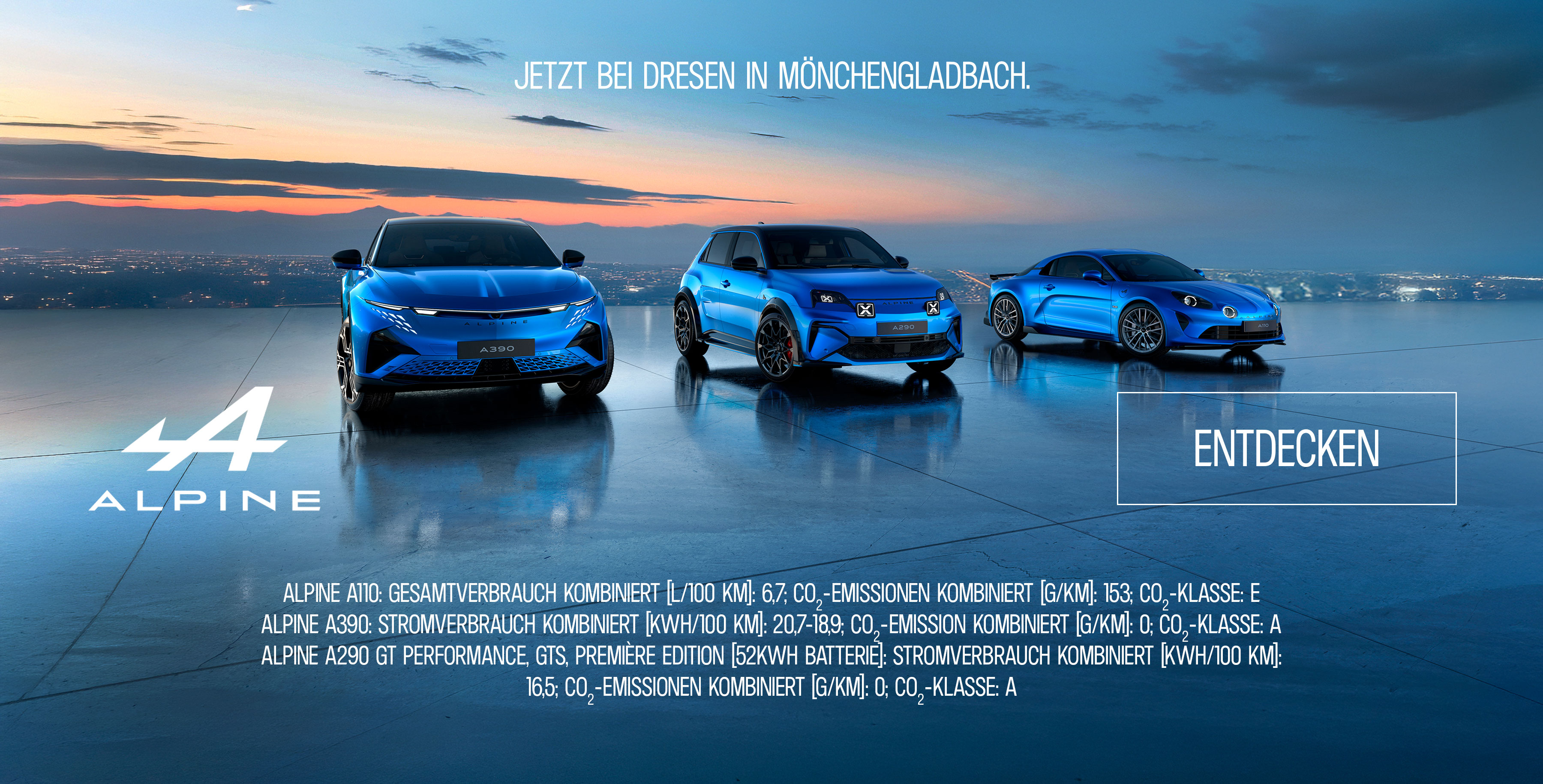 Alpine A110,A290, A390 vor künstlicher Silhouette