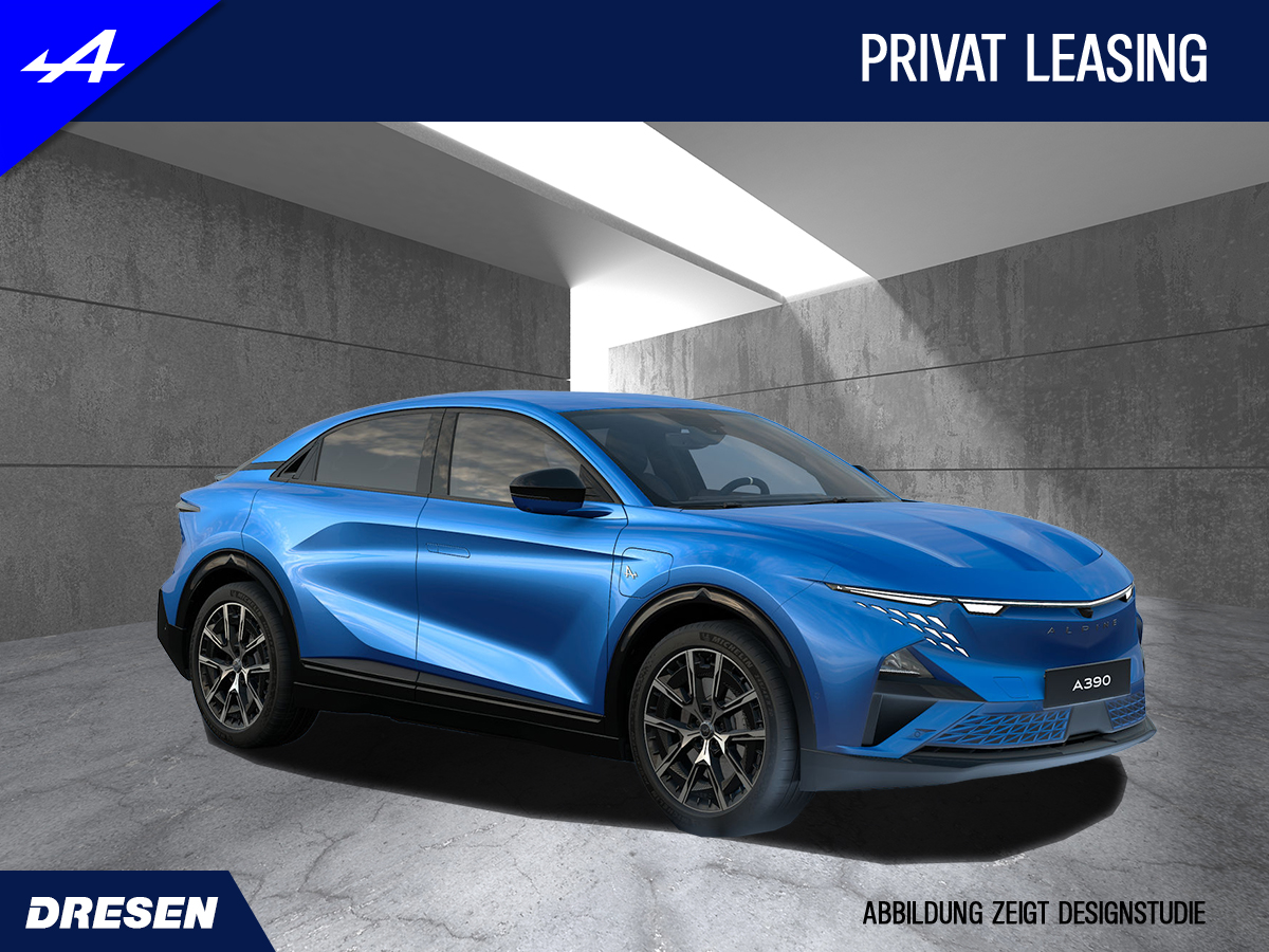 blauer Alpine A 390 vor Betonwand. Angebotskachel Leasing Privat