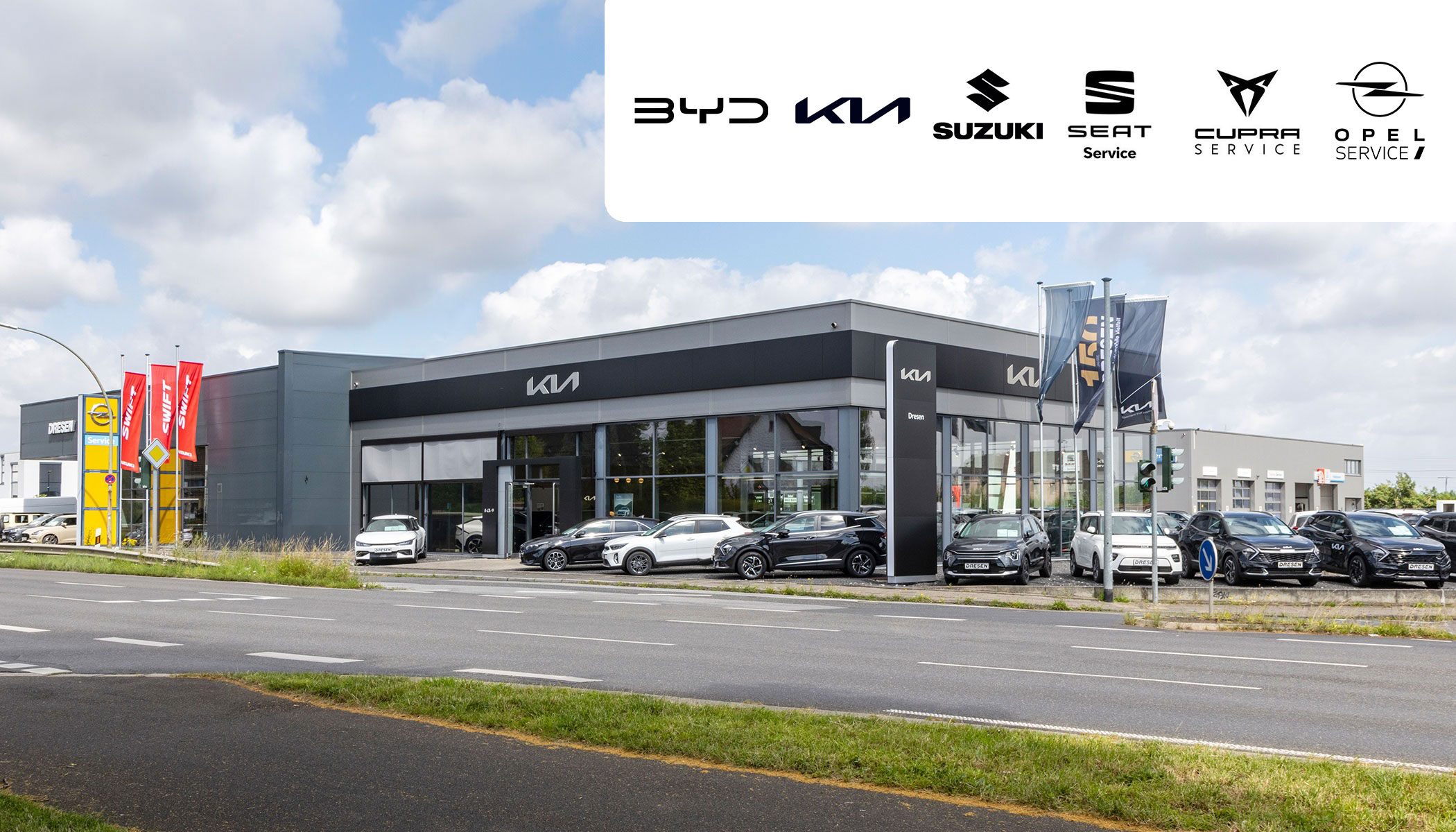 Standortbild Korschenbroich mit den Markenlogos Kia, BYD, Suzuki