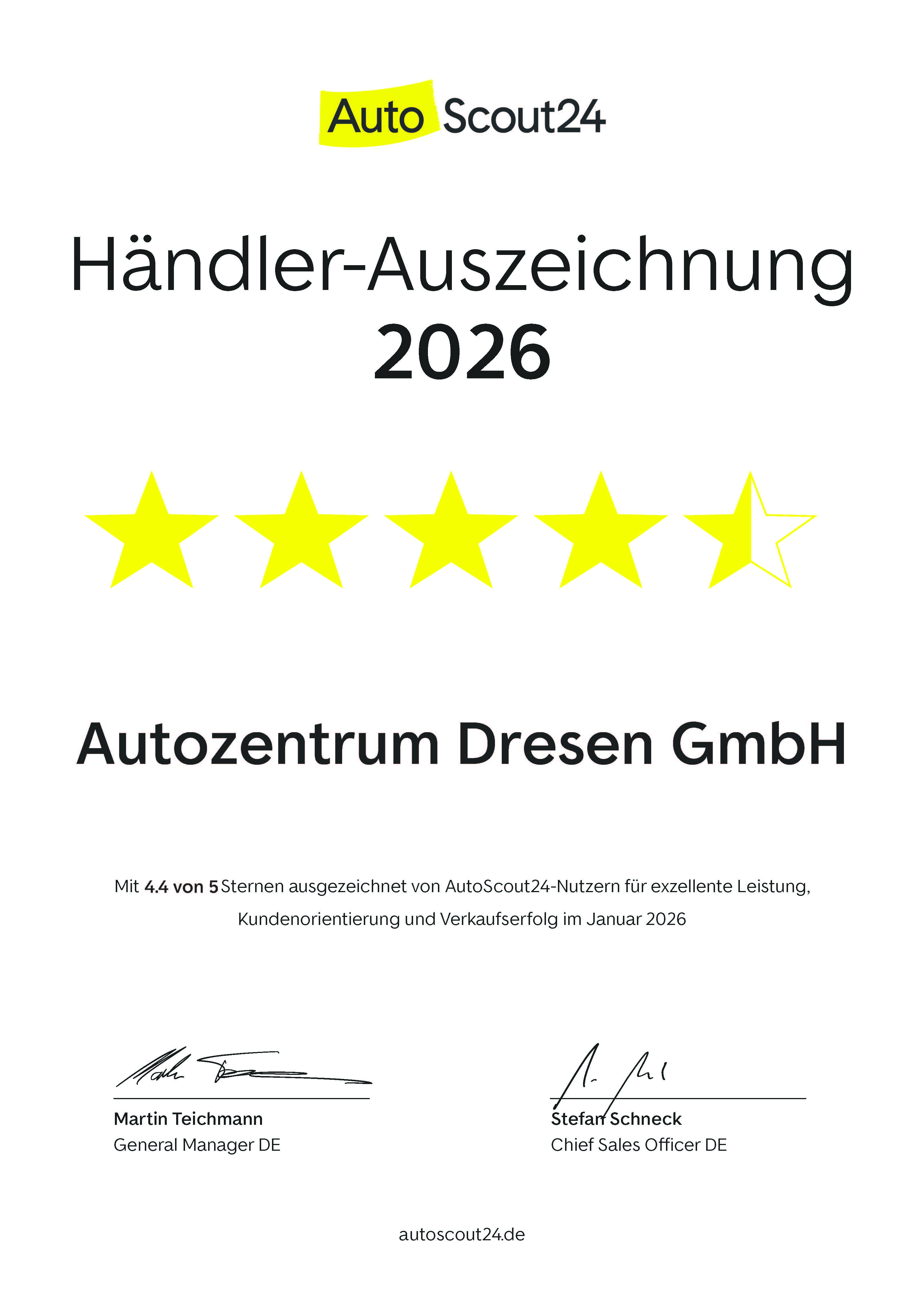 Urkunde Autoscout 24 Händler Auszeichnung 2026