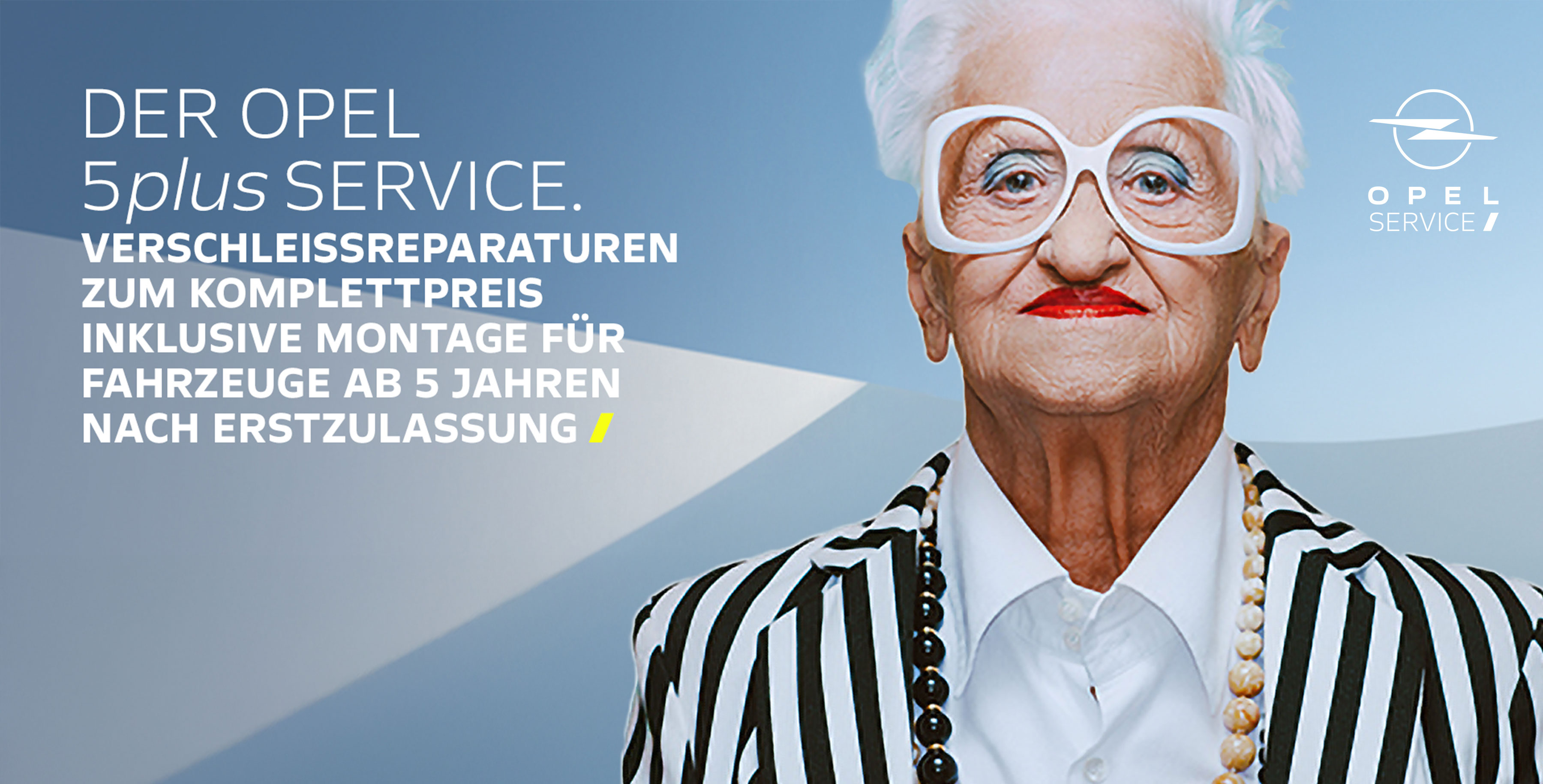 Werbung für den OPEL 5plus Service mit Informationen zu Verschleißreparaturen zum Komplettpreis inklusive Montage für Fahrzeuge ab 5 Jahren nach