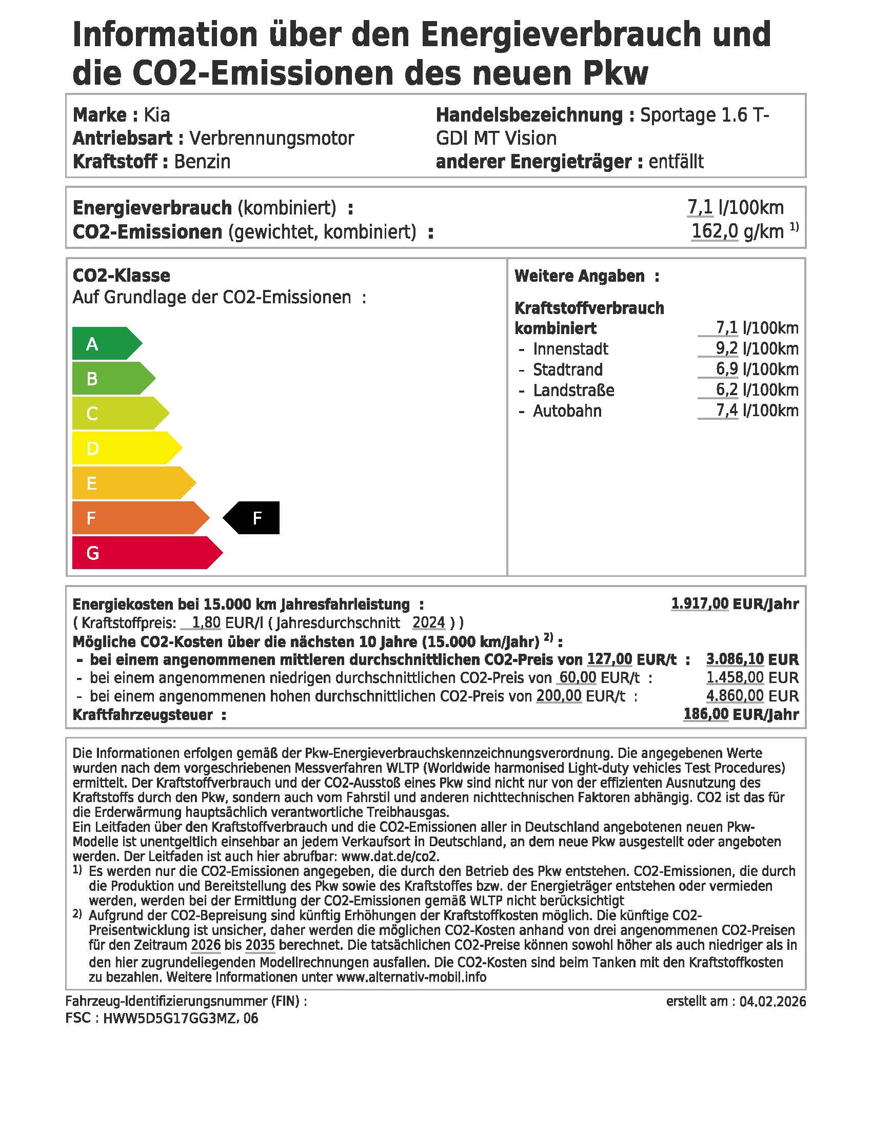 PKW Label Kia Sportage 1,6 MY26