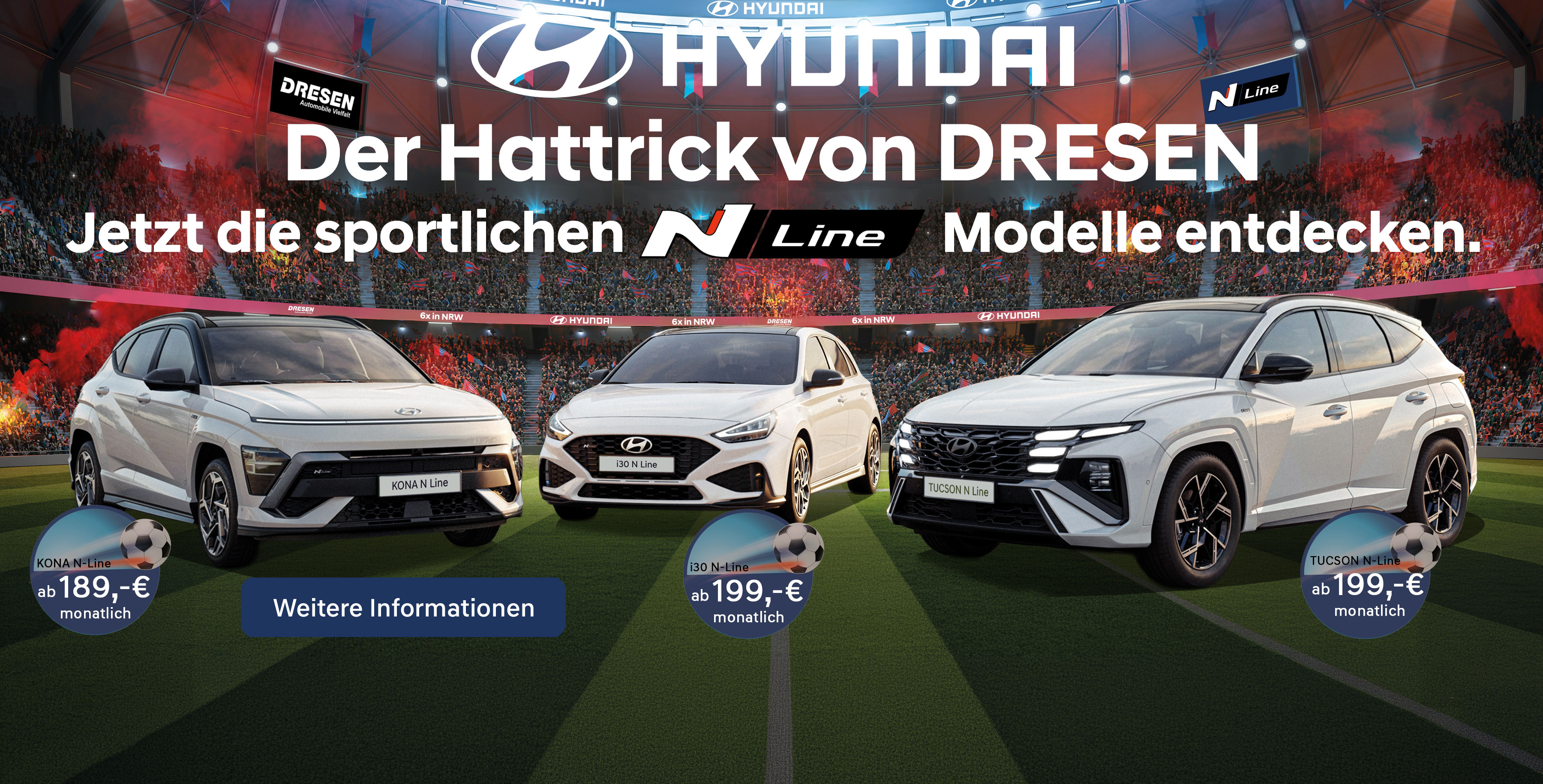 Weiße Modelle von Hyundai vor Stadionkulisse