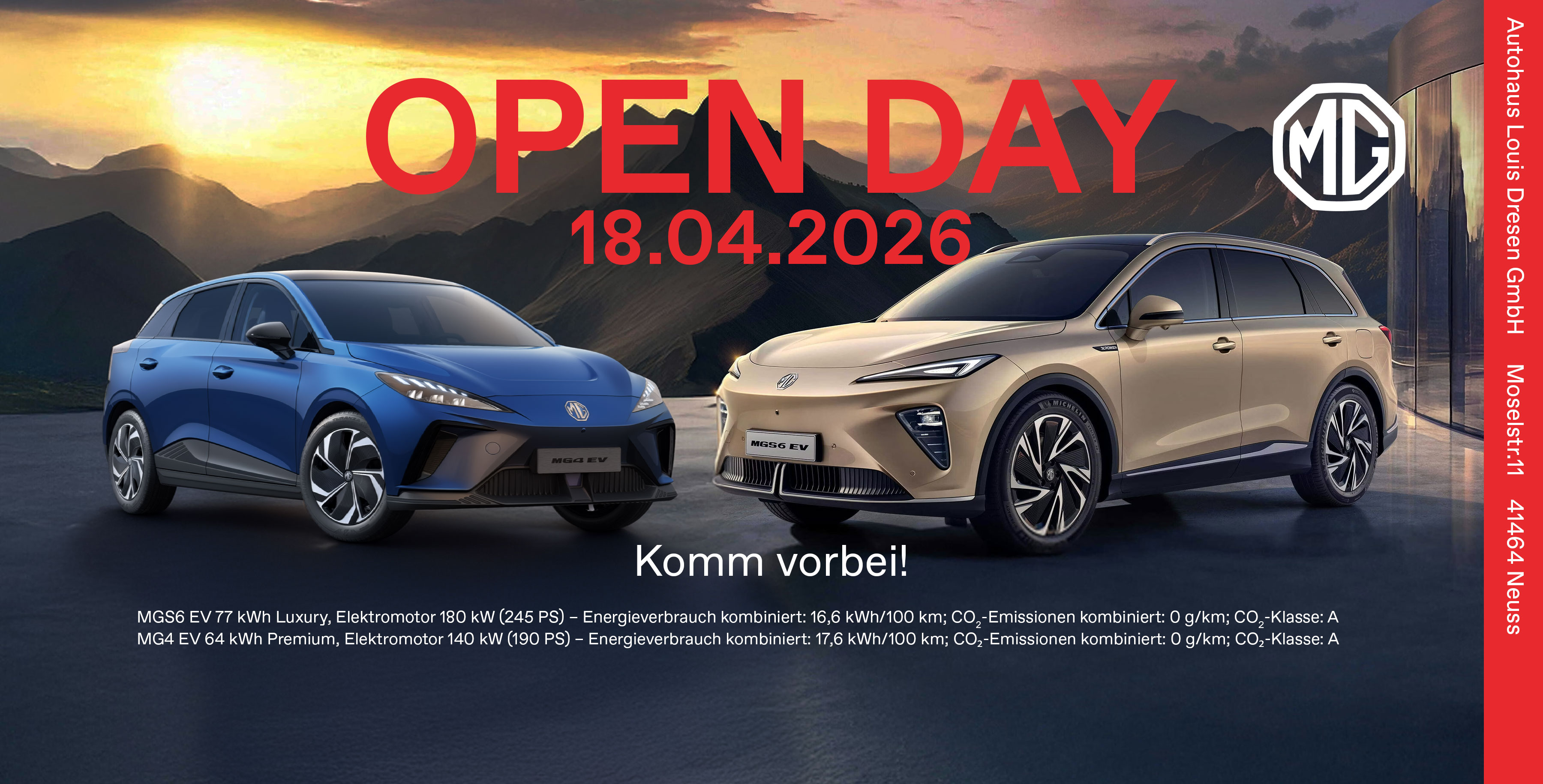 MG 4 Blau und MG S6 Gold vor Bergen und Sonnenaufgang