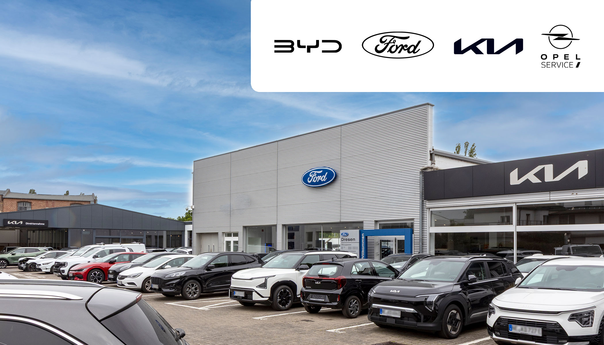 Standortbild Bonn mit Marken Logos BYD, Ford, Kia Opel Service