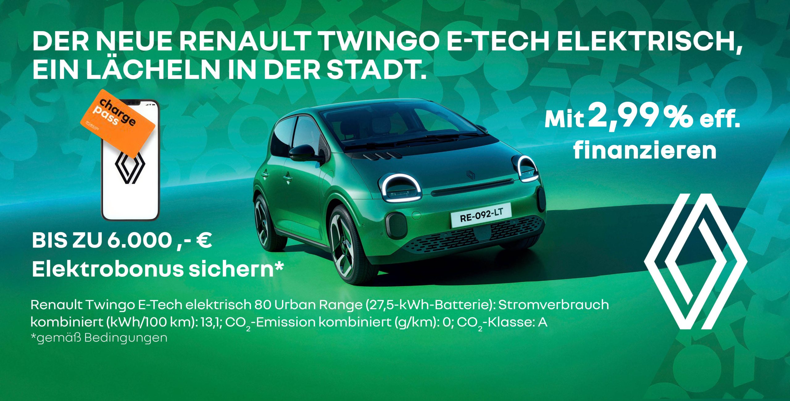 Renault Twingo grün + Motiv Charge Pass