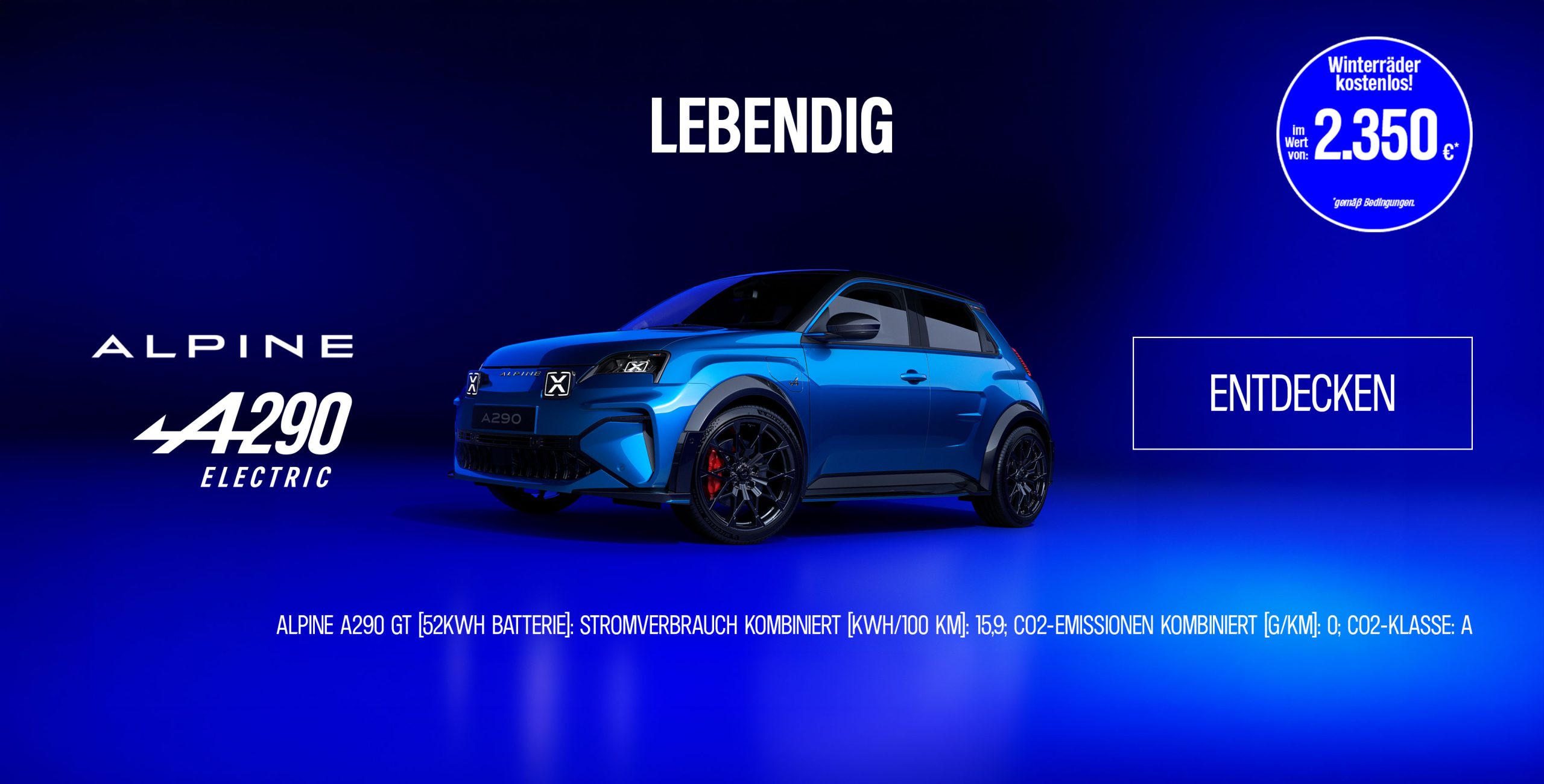 Blauer Alpine A290 vor blauem Hintergrund