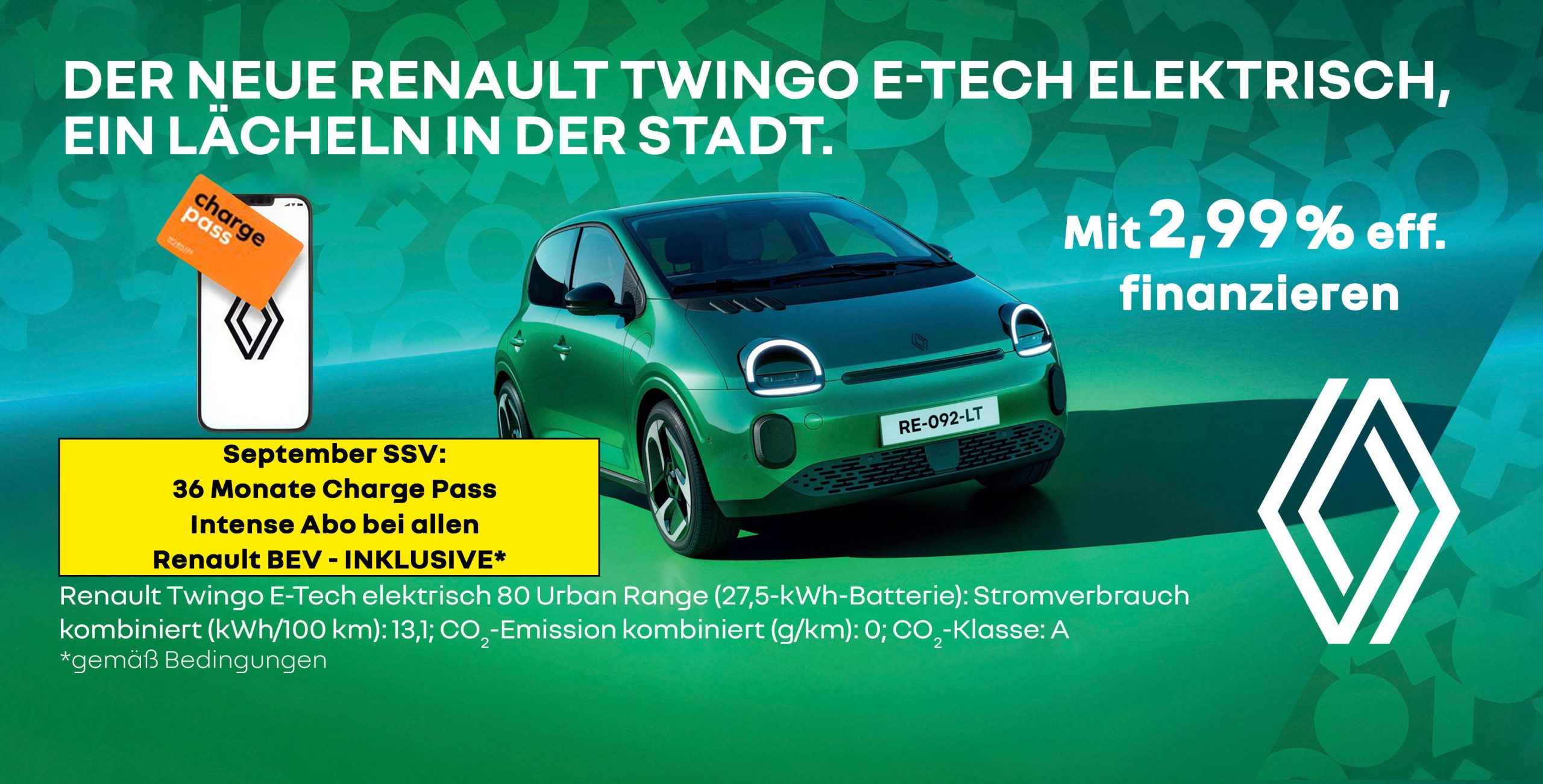 Renault Twingo grün + Motiv Charge Pass