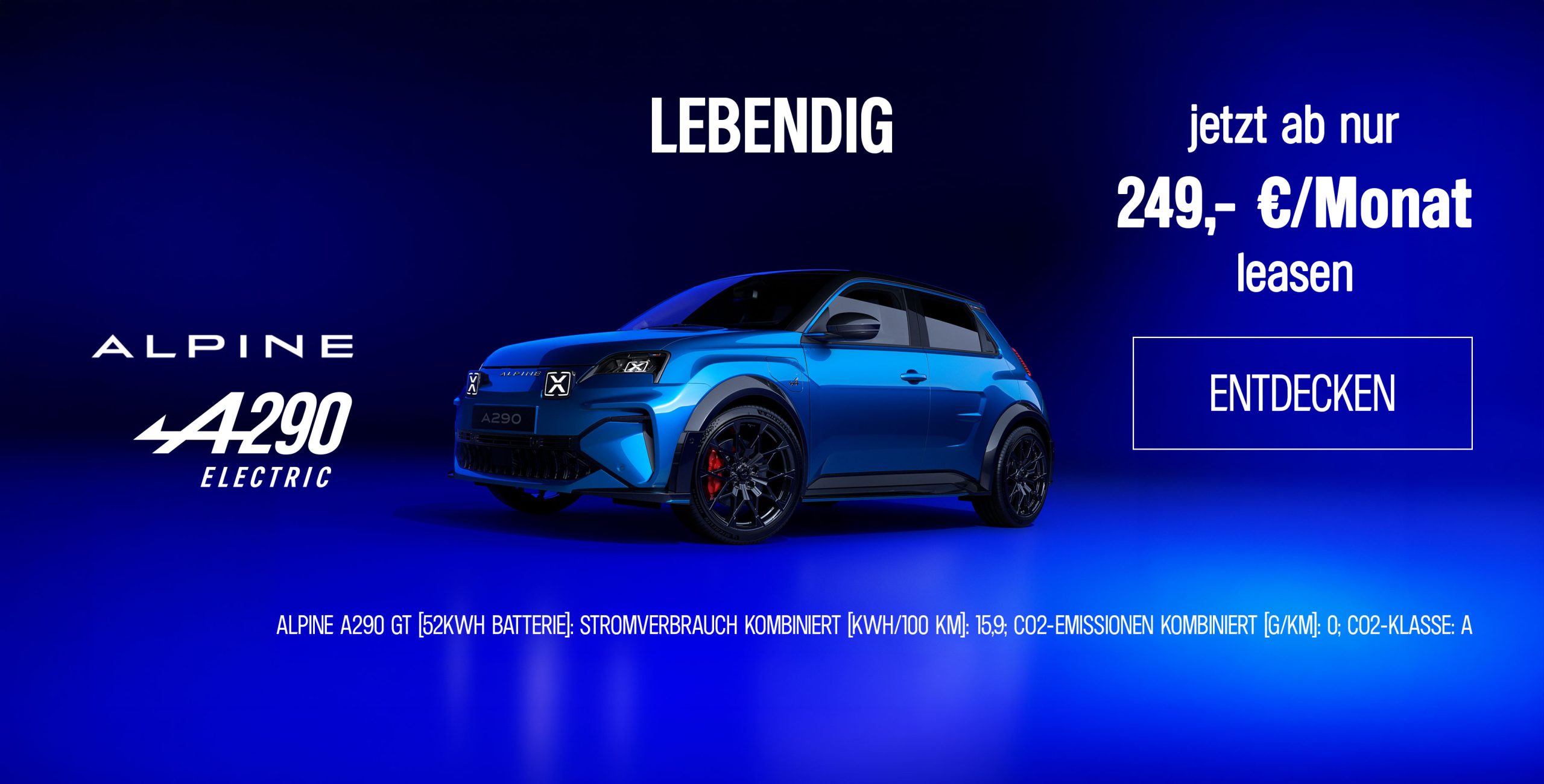 Alpine A290 blau vor blauem Hintergrund